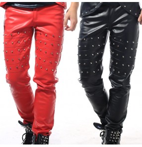 Red black silver beige leisure leather rivet fashion youth men male man's hip hop punk rock singer drum performance jazz singer dj ds long length pants trousers 